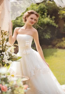 Style #1420, ball gown wedding dress with lace trimmed skirt, available in white and ivory