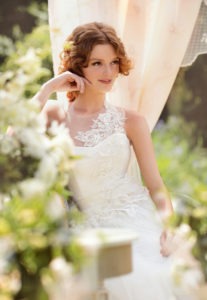Style #1421, lace and tulle ball gown wedding dress with illusion neckline, available in white and ivory