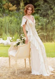 Style #1423, lace and chiffon sheath wedding dress with ruffle detail, available in white and ivory