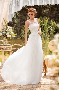 Style #1426, lace and chiffon sheath wedding dress with handmade brooch, available in white and ivory