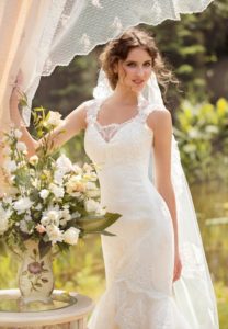 Style #1429, lace mermaid wedding dress with cap sleeves, available in white and ivory