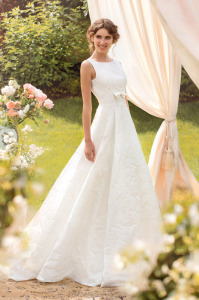 Style #1431, vintage inspired jacquard a-line wedding gown with high neckline, available in ivory