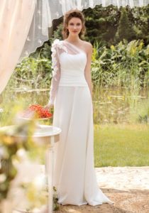 Style #1435, asymmetrical one shouldered wedding gown, available in ivory
