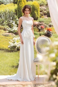 Style #1436, lace and chiffon sheath wedding gown with peplum waist, available in white and ivory