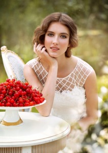 Style #1436, lace and chiffon sheath wedding gown with peplum waist, available in white and ivory