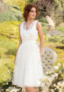 Style #1438, short tulle and floral applique wedding dress, available in white and ivory