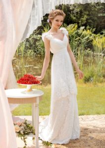 Style #1440, sheath lace wedding dress with floral straps, available in white and ivory