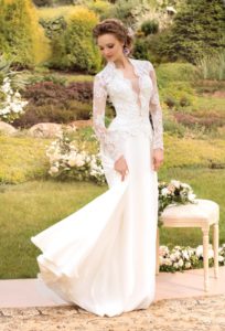 Style #1441, long sleeve lace wedding gown with plunging neckline, available in white and ivory