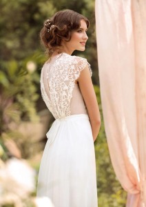 Style #1443, vintage inspired sheath wedding dress with beaded lace bodice, available in ivory