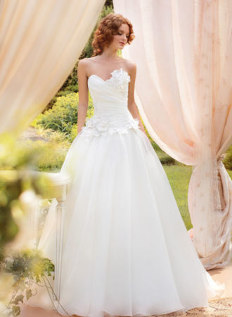 Style #1445, organza ball gown wedding dress with floral appliques, available in ivory