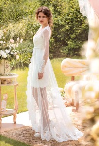 Style #1448, lace and tulle high low wedding gown, available in ivory