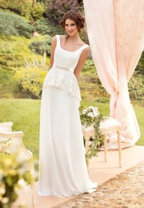 Stole #1451, chiffon sheath wedding dress with lace peplum, available in ivory