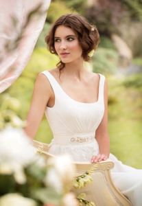 Stole #1451, chiffon sheath wedding dress with lace peplum, available in ivory