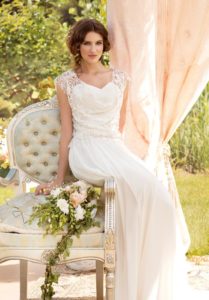Style #1452, chiffon sheath wedding dress with beaded lace bodice, available in ivory