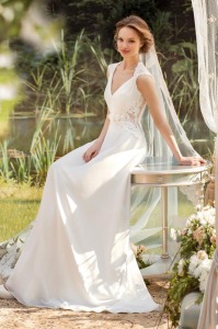 Style #1453, chiffon sheath wedding gown with sheer sides, available in white and ivory