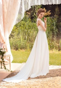 Style #1454, chiffon plunge neckline wedding gown with floral appliques, available in ivory