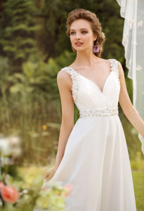 Style #1454, chiffon plunge neckline wedding gown with floral appliques, available in ivory