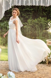 Style #0819, a-line floor-length chiffon dress with 3D flower decorated on the waist and along the neckline, available in white, cream, pink-cream, burgundy and green