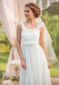 Style #0819, a-line floor-length chiffon dress with 3D flower decorated on the waist and along the neckline, available in white, cream, pink-cream, burgundy and green