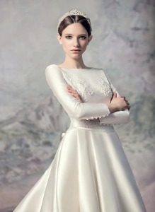 Style # 1601L Premium, long sleeve taffeta pleated ball gown wedding dress, available in ivory