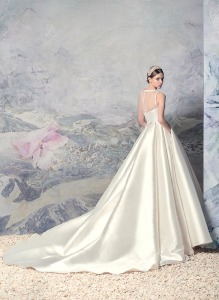 Style #1605L, Mikado ball gown wedding dress with pleated skirt and illusion neckline, available in white and ivory