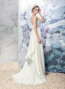 Style #1606L, chiffon sheath wedding dress with spaghetti straps and beading, available in ivory