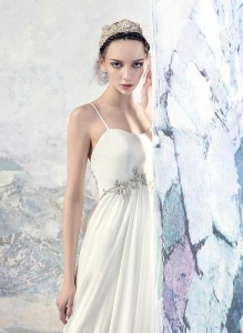 Style #1606L, chiffon sheath wedding dress with spaghetti straps and beading, available in ivory