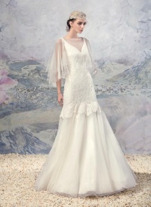Style #1607L, lace and tulle mermaid wedding gown with bolero, available in white and ivory