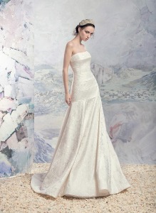 Style #1608L Premium, strapless fit and flare jacquard wedding gown, available in light ivory