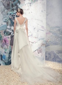 Style #1610, plunging neckline jacquard a-line wedding dress with beaded belt and train, available in cream