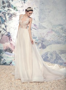 Style #1612L, A-line wedding dress with lace illusion bodice, available in ivory-ivory, ivory-nude lining