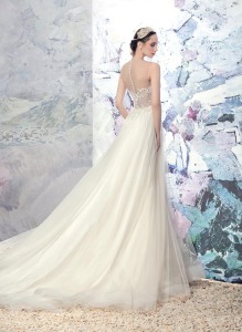 Style #1614L, tulle A-line wedding dress with beaded bodice and illusion neckline, available in ivory