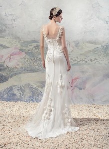 Style #1615Lab, chiffon and tulle sheath wedding dress with floral appliques, available in white and ivory