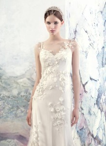 Style #1615Lab, chiffon and tulle sheath wedding dress with floral appliques, available in white and ivory