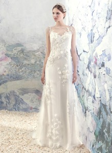 Style #1615Lab, chiffon and tulle sheath wedding dress with floral appliques, available in white and ivory