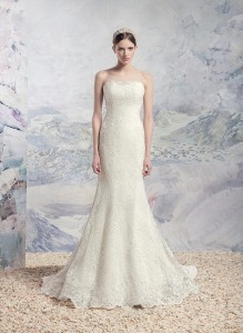 Style #1616L, fit and flare strapless lace wedding gown, available in white and ivory
