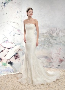 Style #1616LS, fit and flare strapless lace wedding gown, available in white and ivory