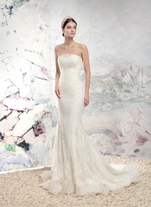 Style #1616LS, fit and flare strapless lace wedding gown, available in white and ivory