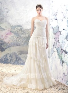 Style #1617L, sweetheart neckline A-line wedding dress with layered lace skirt, available in light ivory