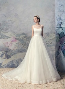 Style #1619L, ball gown wedding dress with tulle skirt and illusion neckline, available in ivory