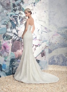 Style #1621L, fit and flare strapless lace wedding gown with corset back, available in ivory