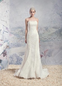 Style #1621L, fit and flare strapless lace wedding gown with corset back, available in ivory