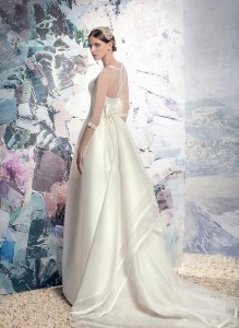 Style #1626, Mikado pleated wedding gown with illusion neckline, 3/4 length sleeves and detachable train, available in white and ivory