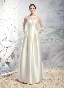 Style #1626, Mikado pleated wedding gown with illusion neckline, 3/4 length sleeves and detachable train, available in white and ivory
