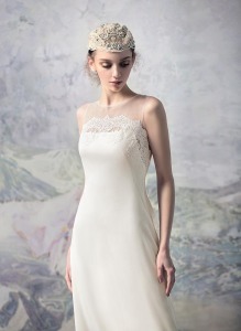 Style #1627L, chiffon sheath wedding dress with lace accents, available in white and ivory