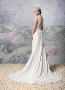 Style #1627L, chiffon sheath wedding dress with lace accents, available in white and ivory