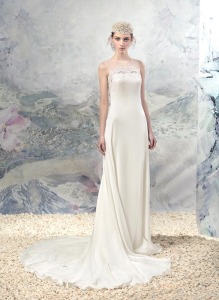 Style #1627L, chiffon sheath wedding dress with lace accents, available in white and cream