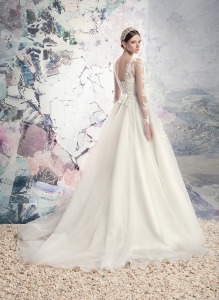 Style #1628L, tulle ball gown wedding dress with beaded lace illusion neckline and sleeves, available in ivory