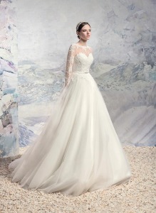 Style #1628L, tulle ball gown wedding dress with beaded lace illusion neckline and sleeves, available in ivory