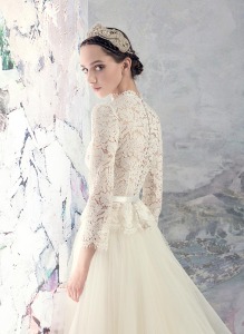 Style #1629, high neck lace blouse with elbow sleeves and high-low tulle skirt, available in white and ivory